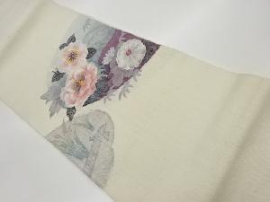 手織り真綿紬花々模様刺繍名古屋帯